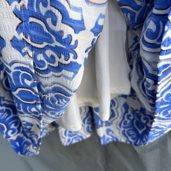 ENTRO Blue White Mini Dress Tiered Spring Easter Short Sleeve Sz M Vacation - Picture 3 of 6